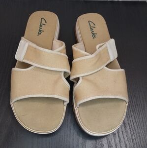 Clarks Beige Canvas Slide Sandals